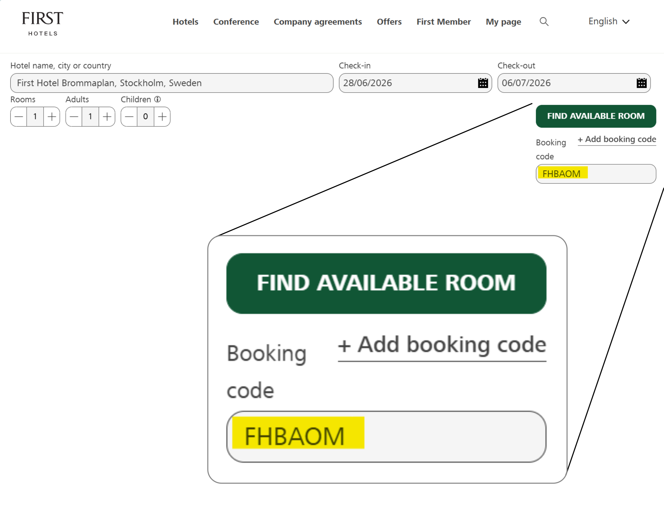 A screenshot of First Hotel's homepage, showing where to enter
    the discount code.